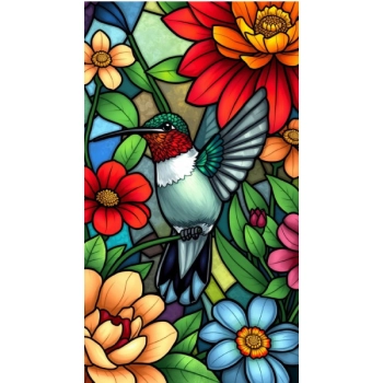 Naklejka na okno w stylu witrażu z kolibrem i kwiatami