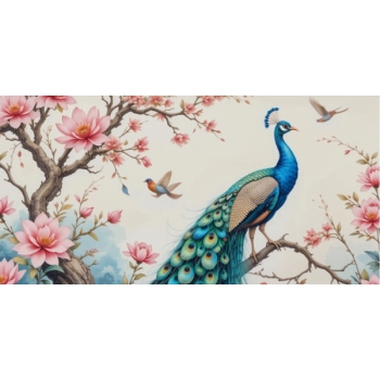 Oryginalna naklejka na okno z eleganckim wizerunkiem królewskiego pawia.