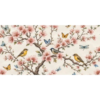 Naklejka na okno przedstawiająca kwitnące drzewo z ptakami i motylami