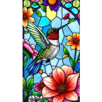 Witraż z kolibrem i kwiatami w formie naklejki