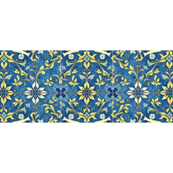 Naklejka okienna z motywem kafelek w kolorze niebieskim, wzbogacona o kwiaty