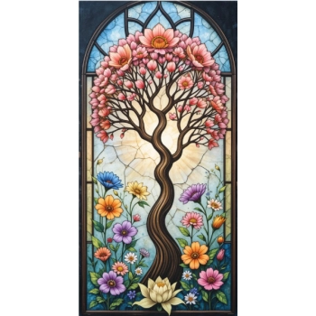 Kwitnące drzewo witraż przedstawiający kwitnącą magnolię, elegancka grafika