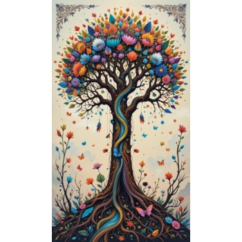 wnętrze z kolorową naklejką ścienną z pięknym drzewem i kwiatami.